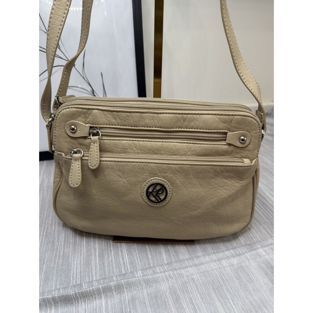 Kim Rogers Beige Purse Multiple Zipper Pockets Adjustable Strap Snap Top